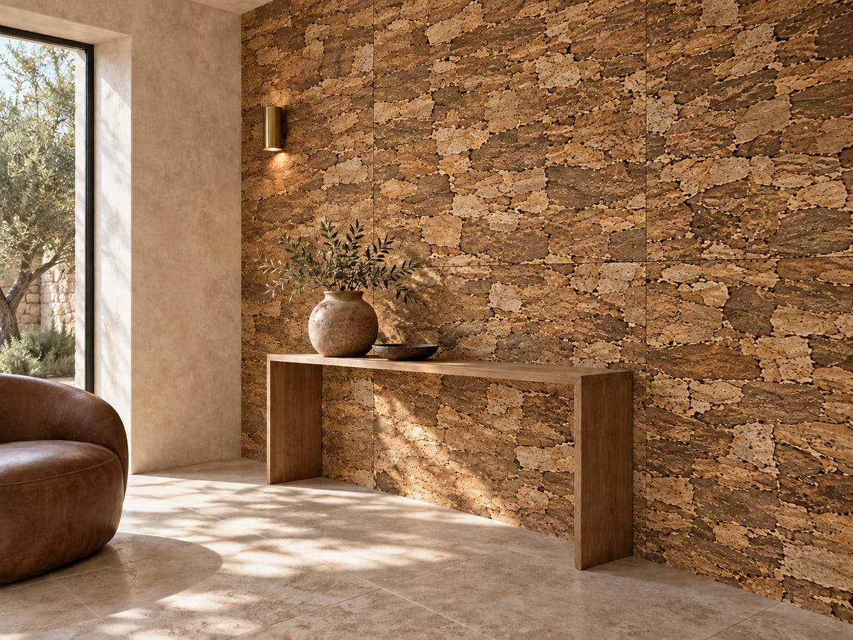 AI-generated illustrative entrance inspired by Skin Tree cork bark panels.