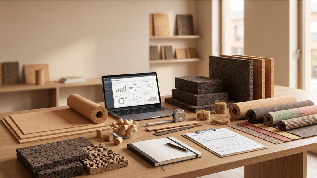 B2B cork material sourcing table with cork rolls, sheets, granules and stoppers