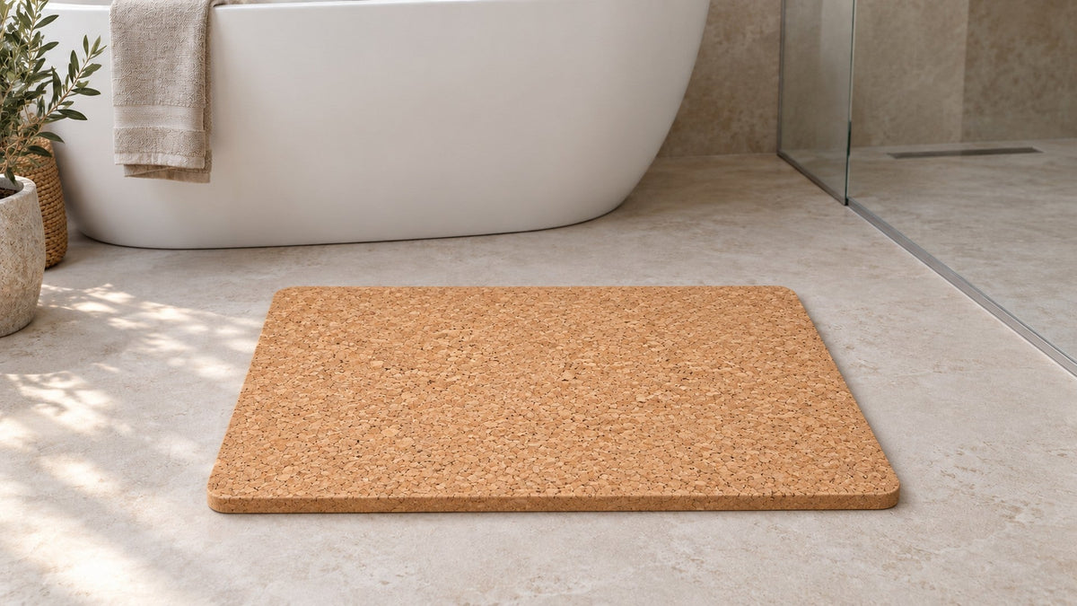 Natural cork bath mat on a dry stone floor in front of a walk-in shower