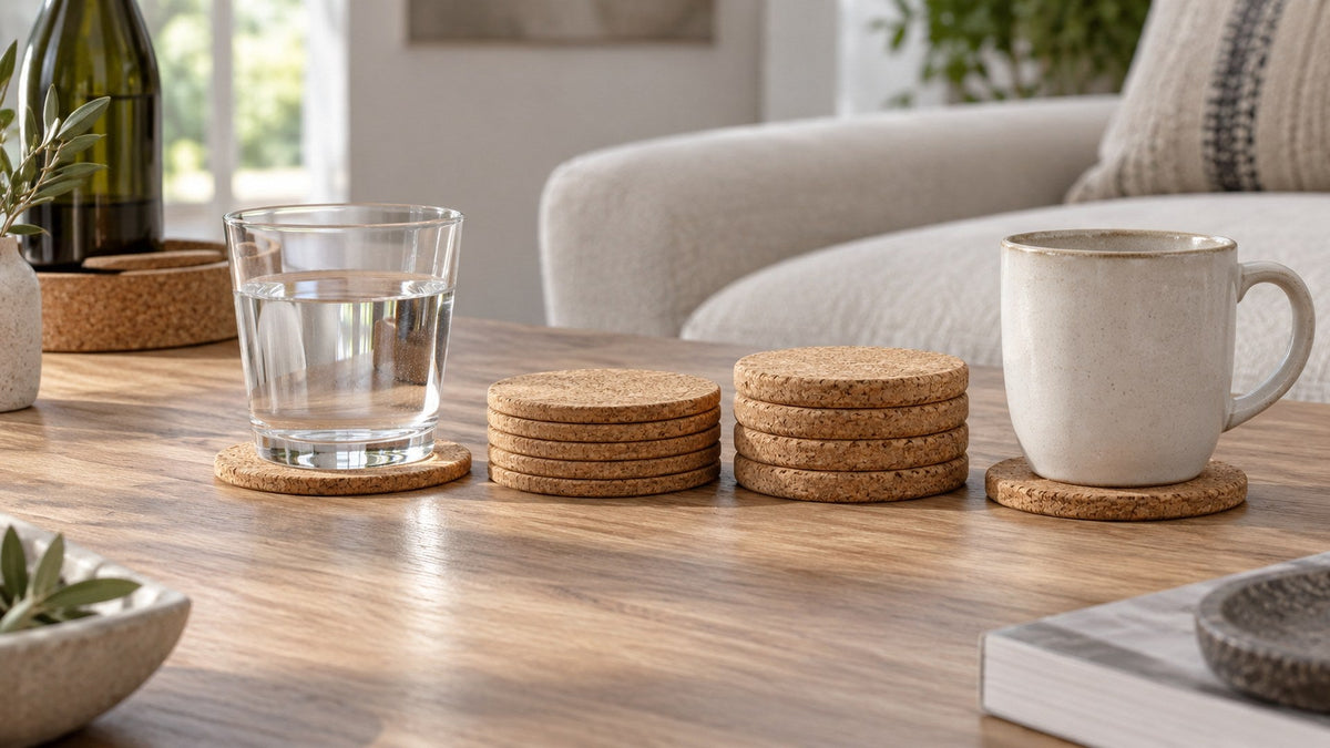 Slim and thick round cork coasters with a glass and a ceramic mug on a wooden table