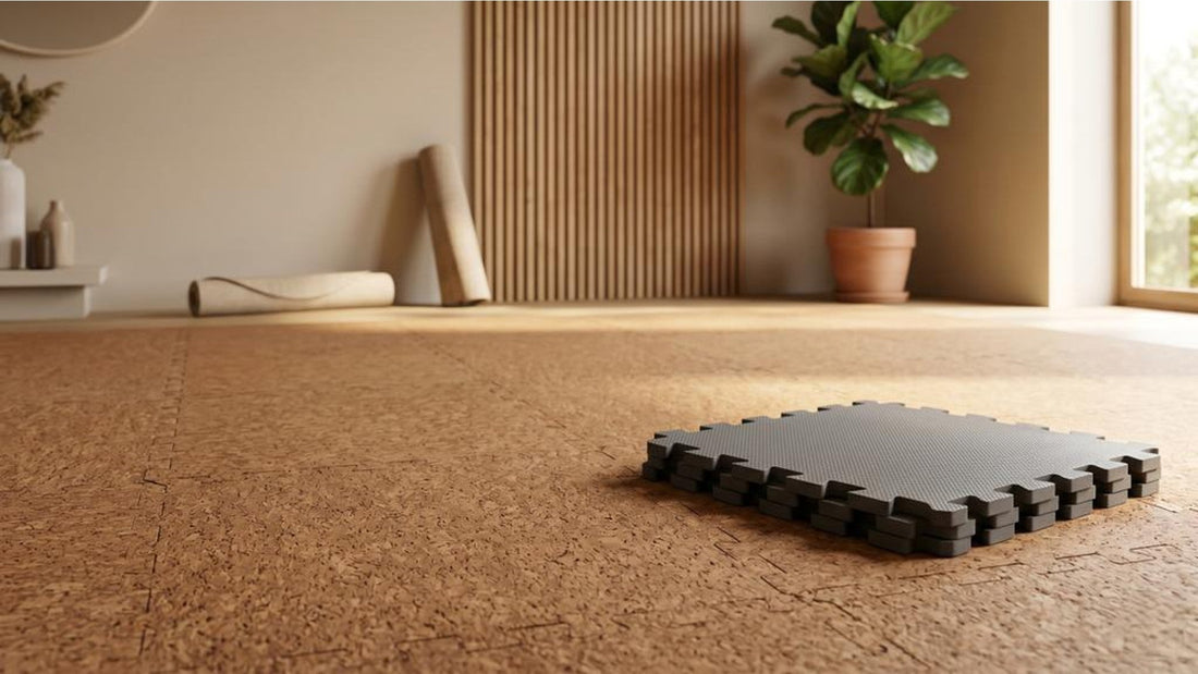 Natural cork puzzle mats compared with EVA foam mats in a wellness room
