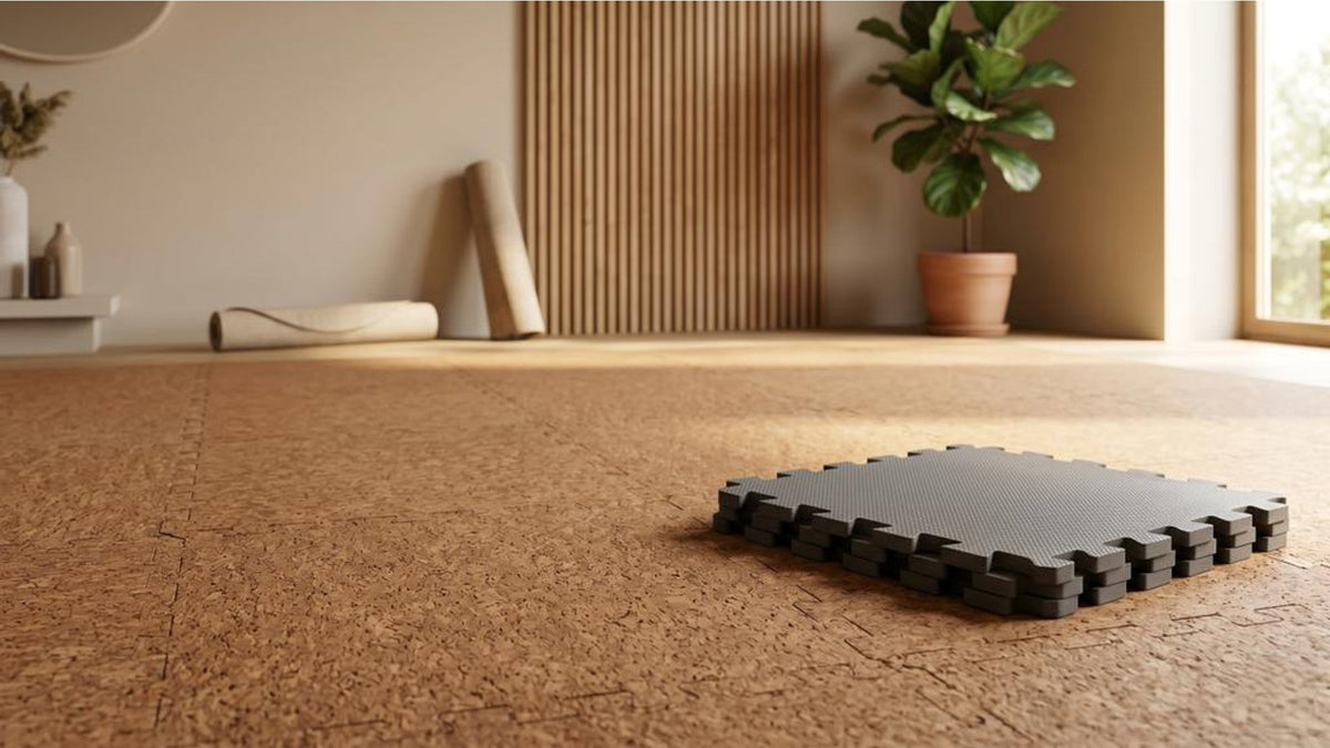 Natural cork puzzle mats compared with EVA foam mats in a wellness room