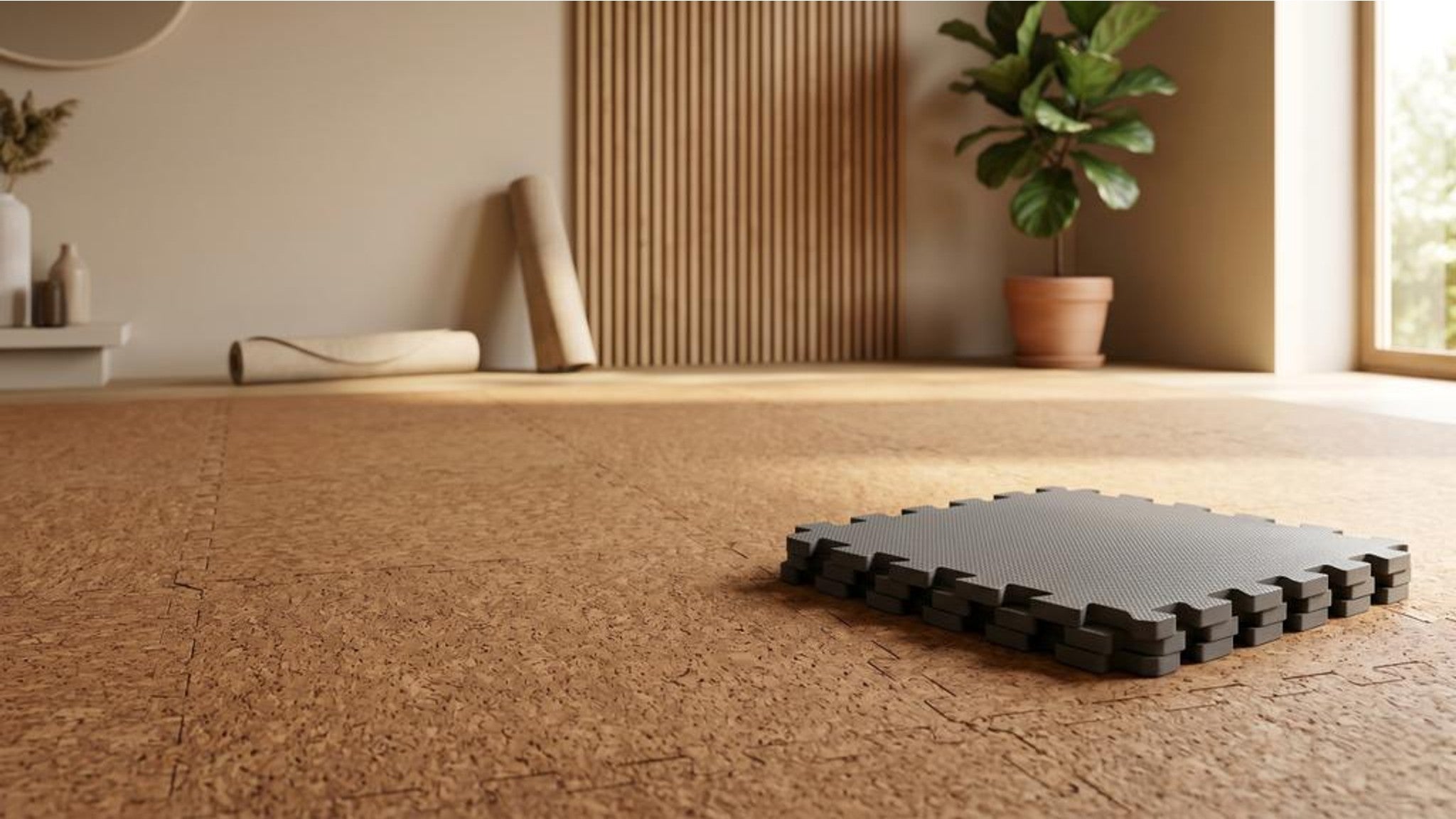 Natural cork puzzle mats compared with EVA foam mats in a wellness room