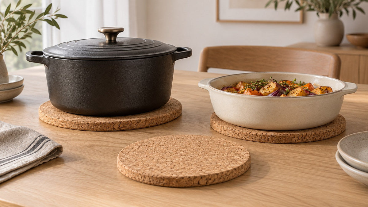 Round cork trivets in graduated sizes under a cast iron pot on an oak dining table