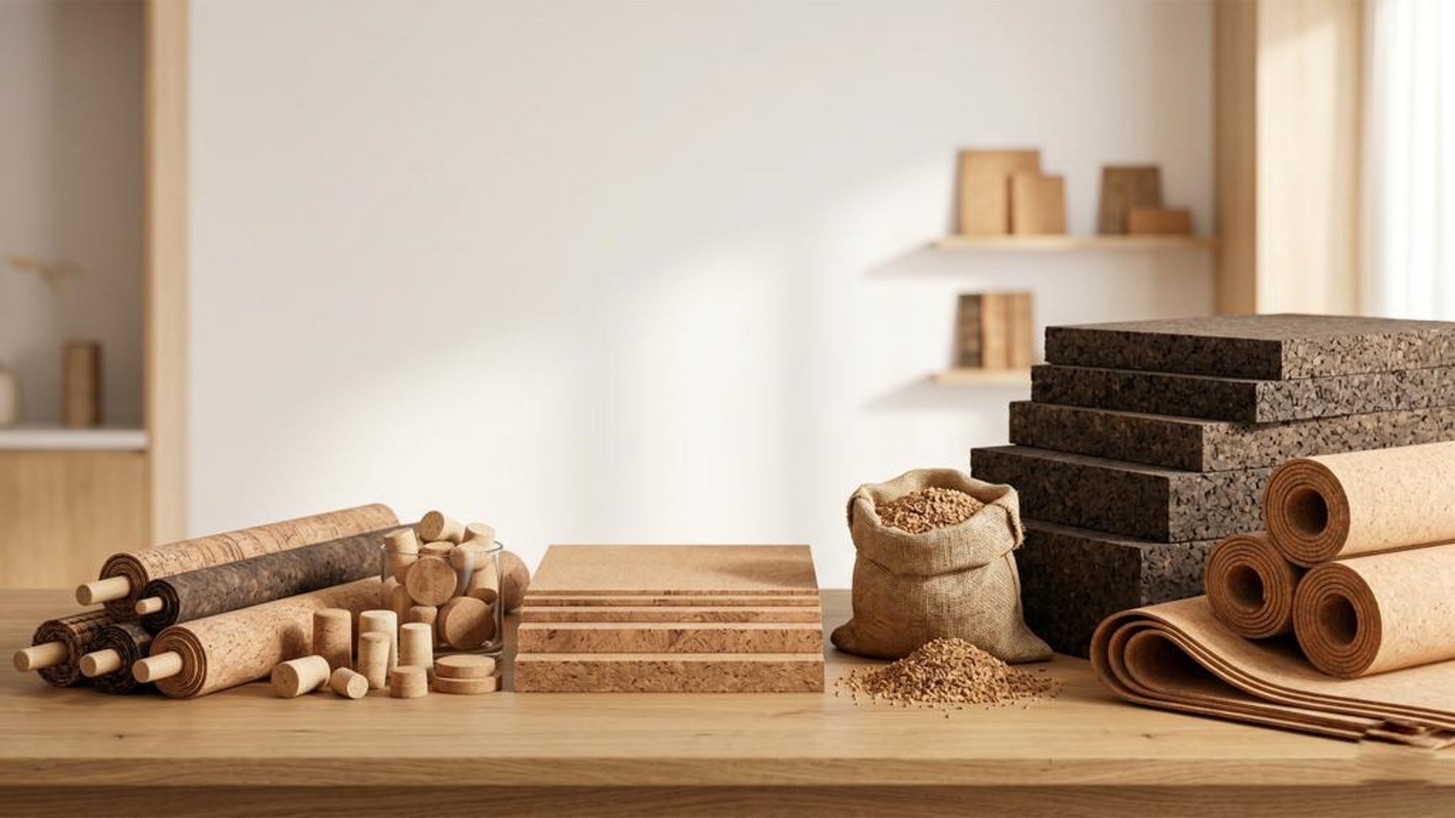 Natural cork and rubber cork underlay materials shown with cork rolls and dense board samples