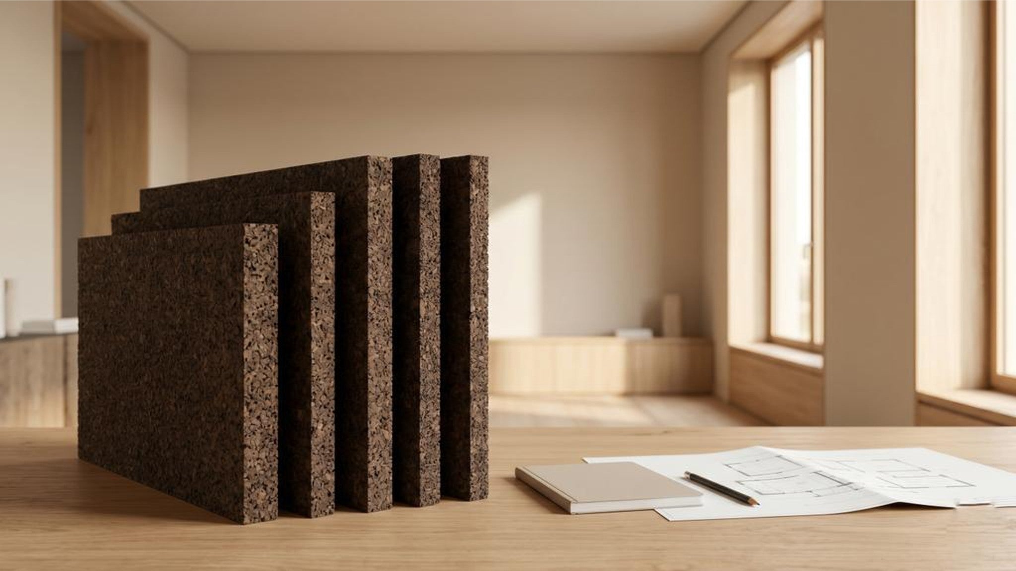 Expanded cork insulation boards in different thicknesses for building projects