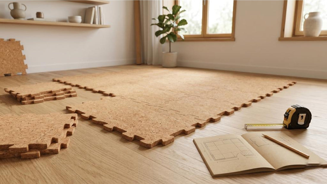 Cork puzzle mats area planning with tape measure and modular floor layout