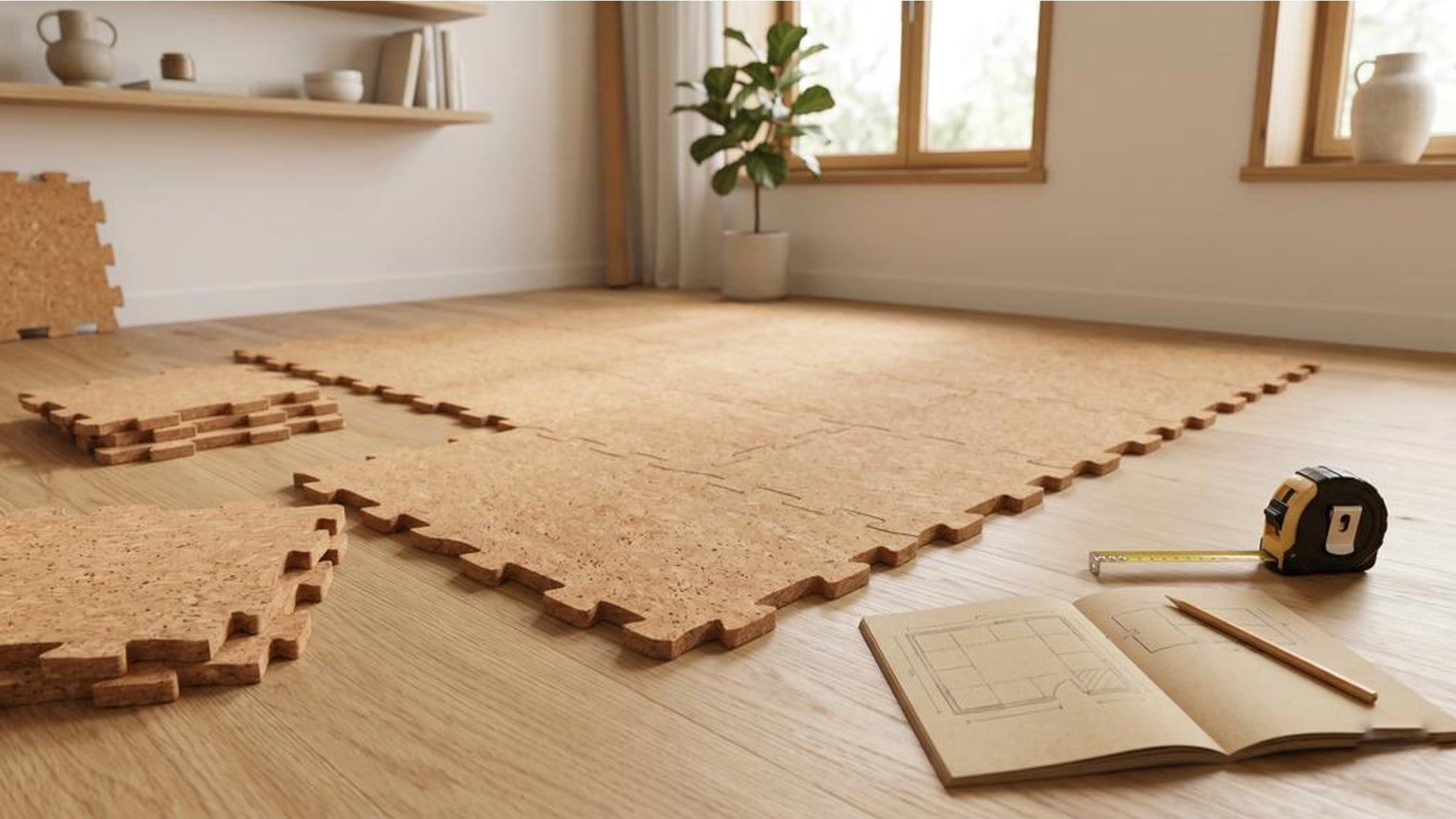 Cork puzzle mats area planning with tape measure and modular floor layout