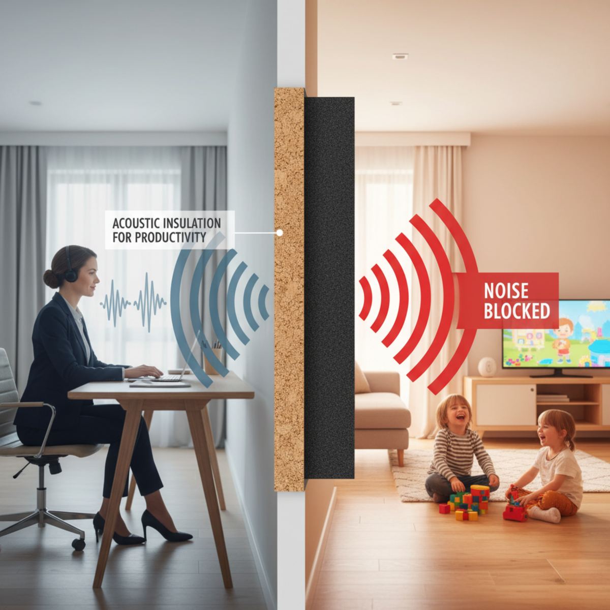 Cork acoustic panels installed on an interior wall