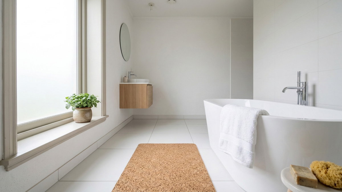 Natural cork bath accessories and bath mat