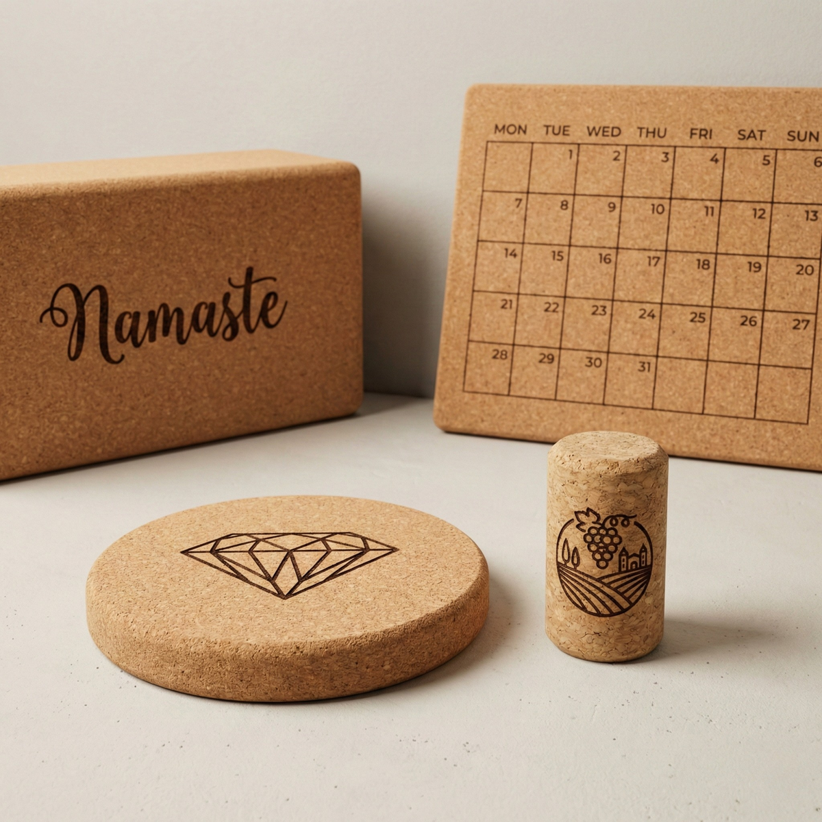 Custom laser engraved cork products with logo