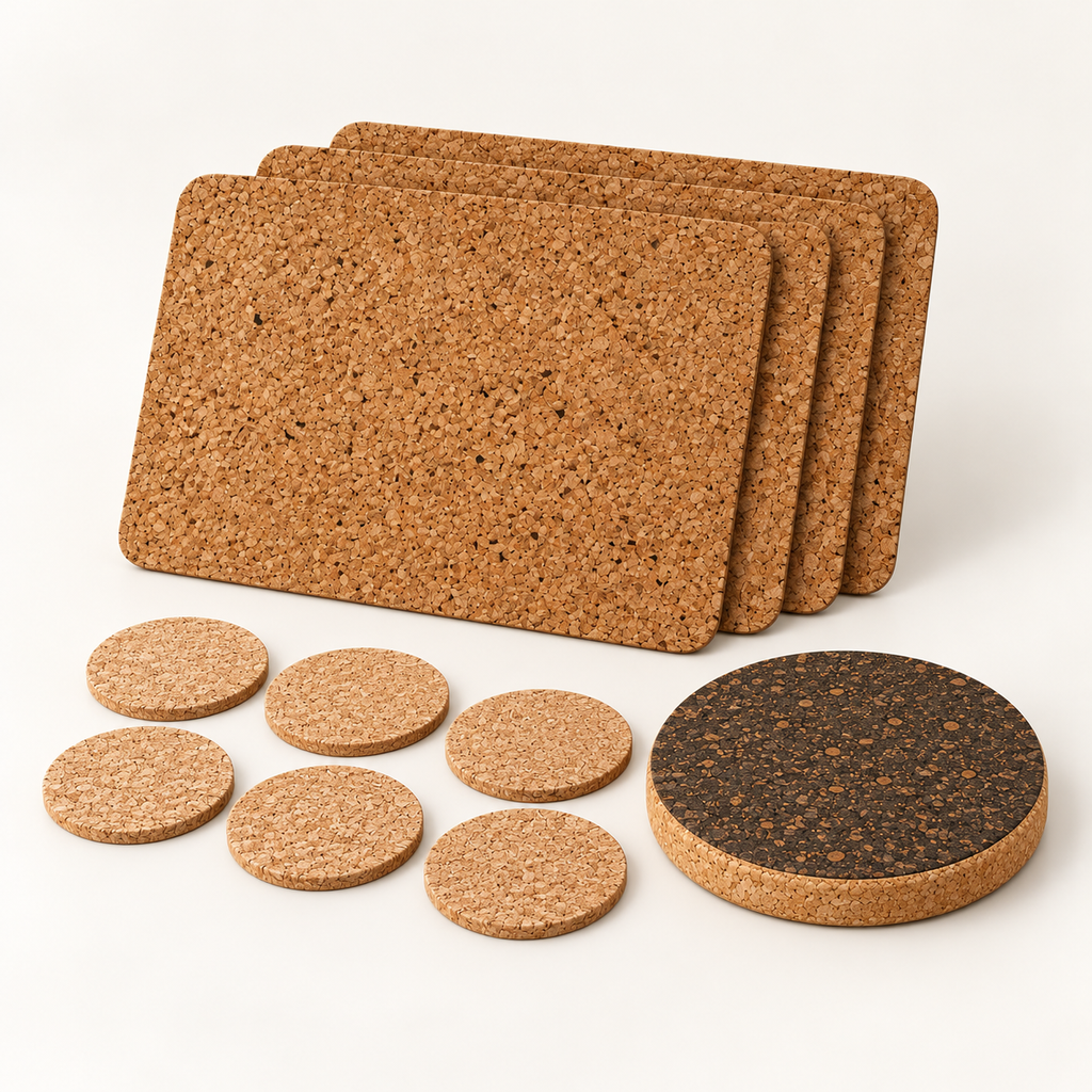 Country cork table set for four — four Country placemats, six natural cork coasters and one dark round cork trivet, 11 pieces