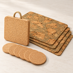 Iceberg Green cork table set for four with four green-marble placemats, six natural cork coasters and one thick square cork trivet with rope loop