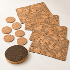 Iceberg Grey cork table set for four: four patterned cork placemats, six natural cork coasters and one dark round cork trivet — full 11-piece studio hero