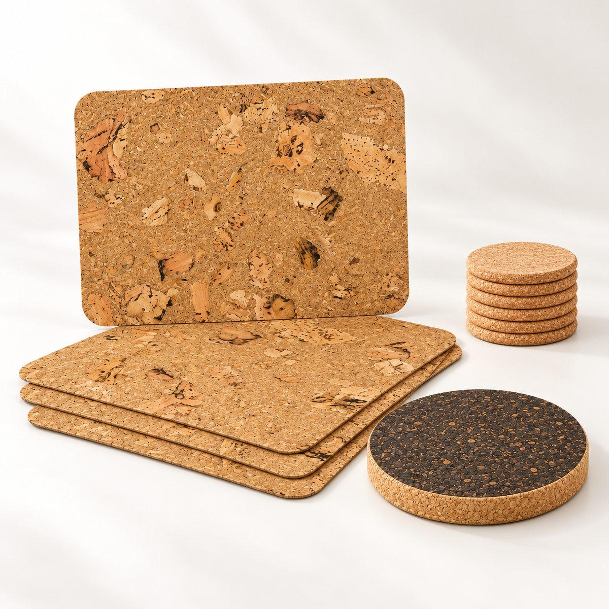 Iceberg Natural CorkMart eleven-piece table set: four 400 × 300 mm natural cork placemats, six round coasters and one dark thick trivet.