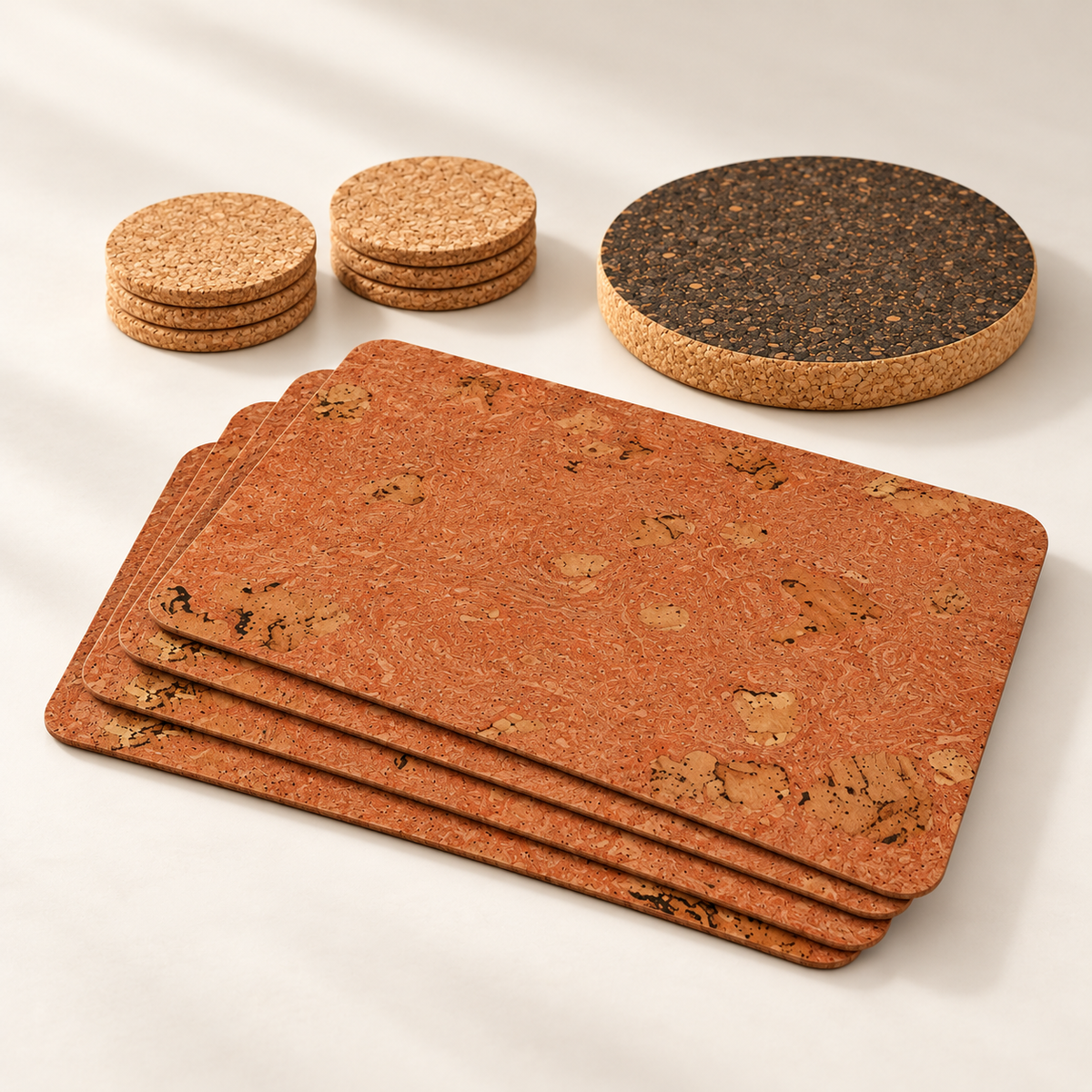 Iceberg Red Cork Table Set for four, four terracotta cork placemats, six natural cork coasters and dark round cork trivet — premium studio hero