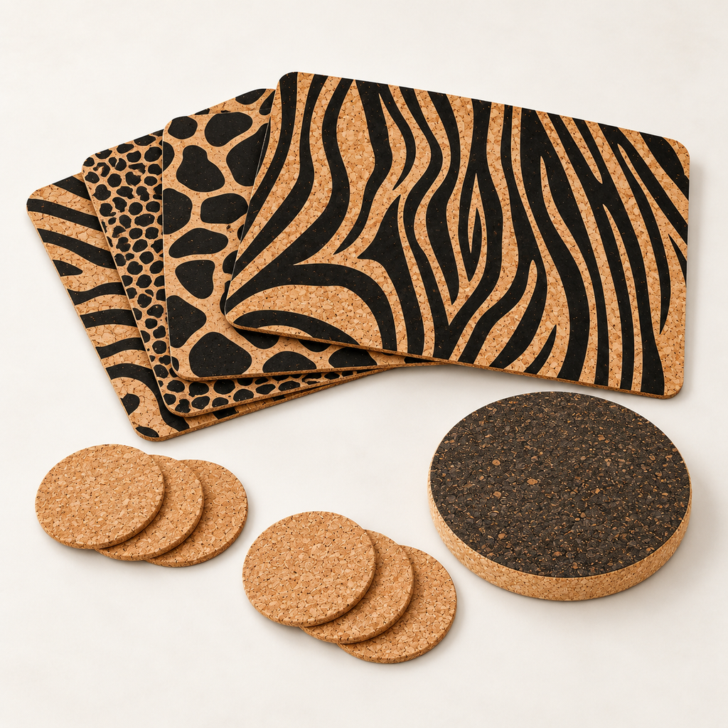 Jungle cork table set for four — 4 patterned cork placemats, 6 natural cork coasters, 1 dark trivet