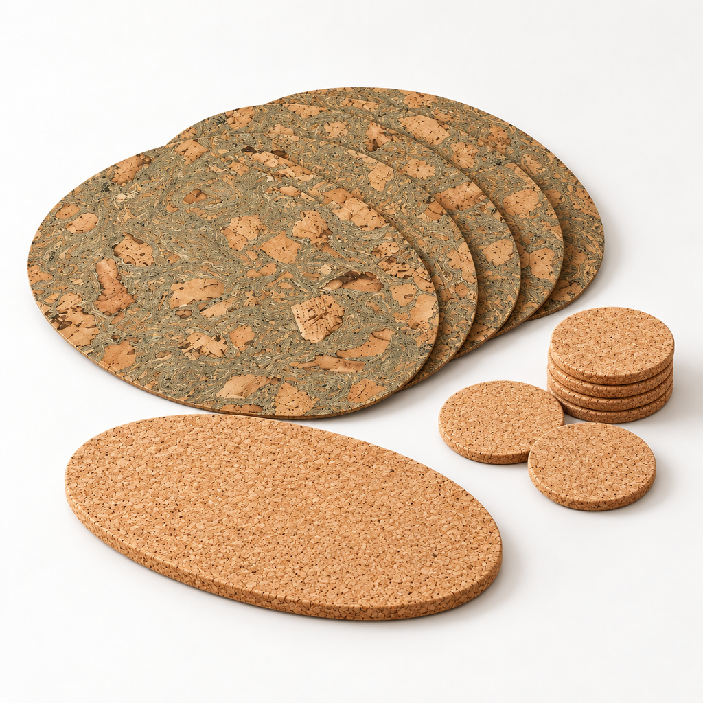 Photorealistic studio visualization of the complete CorkMart Oval Iceberg Grey 11-piece table set: four oval placemats, six round coasters and one natural oval trivet.
