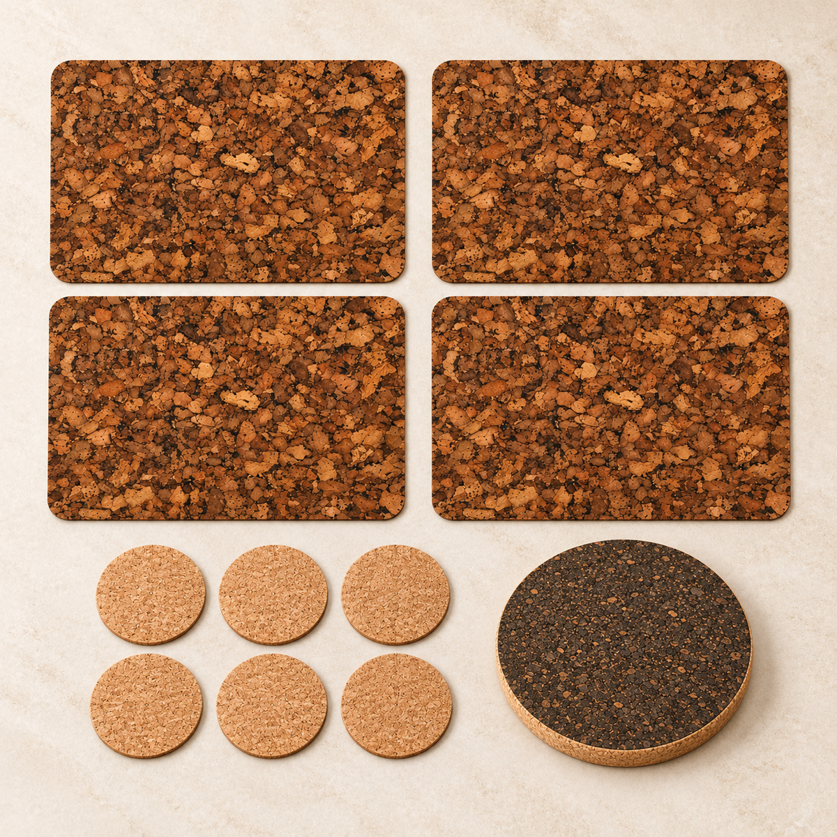 Samba 11-piece cork table set for four: four amber-brown placemats, six natural coasters and dark trivet, top-down photograph.