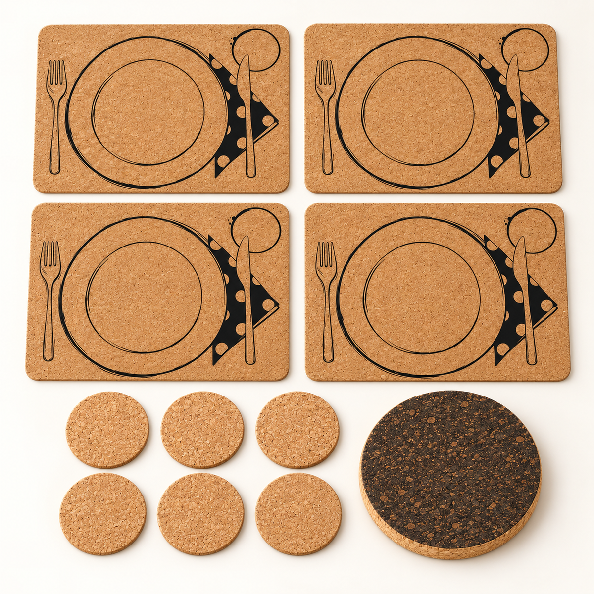 Table Service CorkMart 11-piece dining set: four printed natural cork placemats, six round coasters and one dark thick cork trivet.