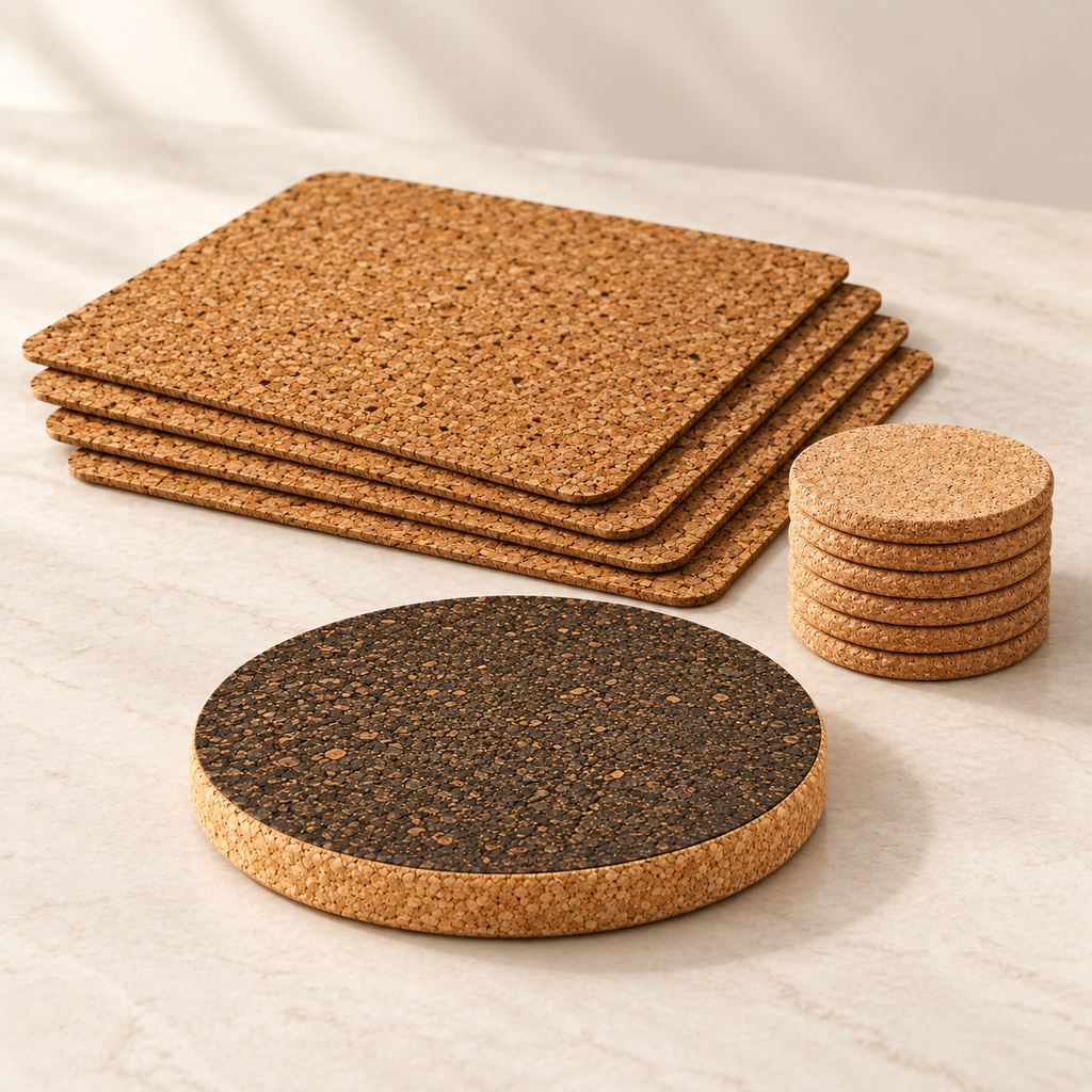 Low angle of four Country cork placemats, six slim natural coasters and dark 20 mm round trivet