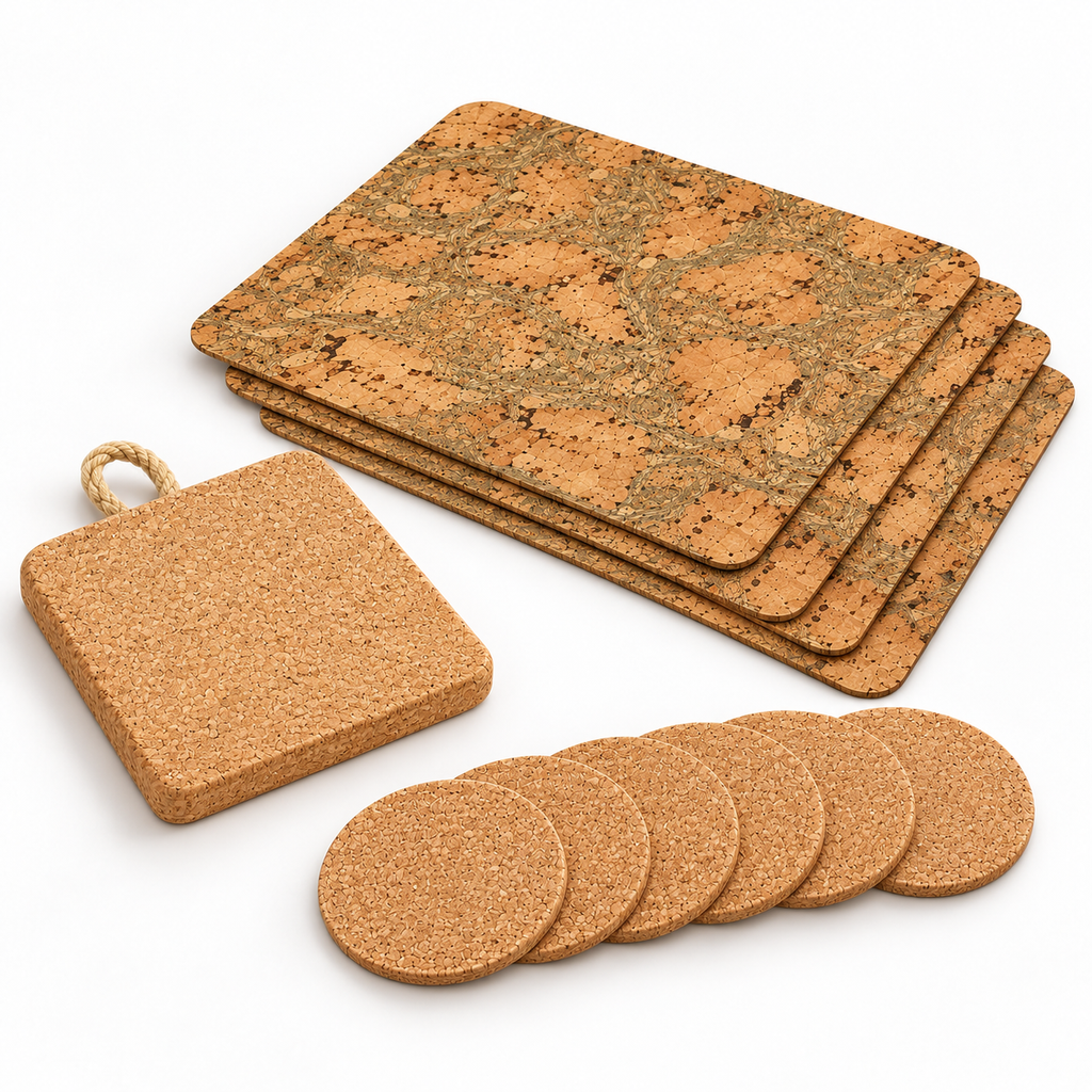 Angled product display of Iceberg Green eleven-piece cork dining set with four placemats, six coasters and square trivet