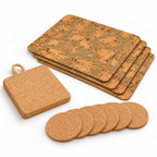 Angled product display of Iceberg Green eleven-piece cork dining set with four placemats, six coasters and square trivet