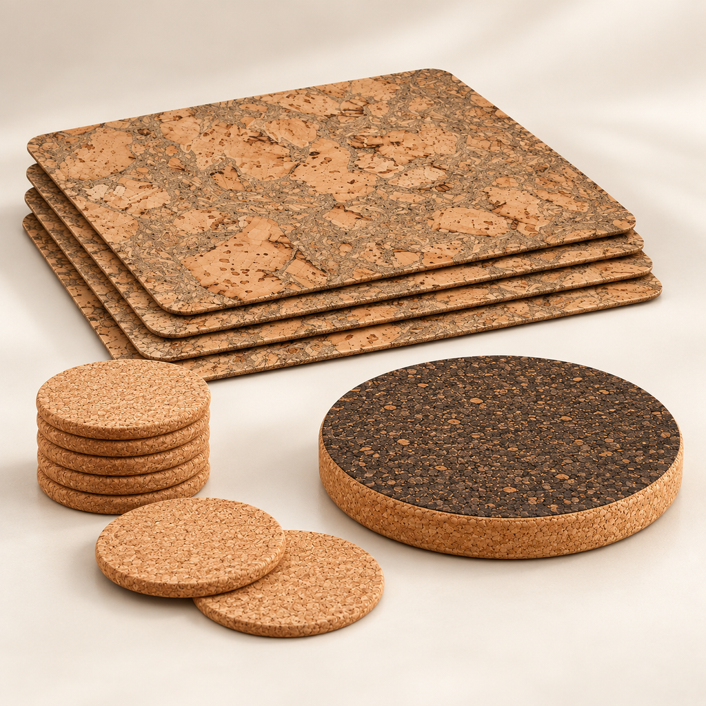 Low angled view of four Iceberg Grey cork placemats, six natural cork coasters and dark cork trivet showing true thickness