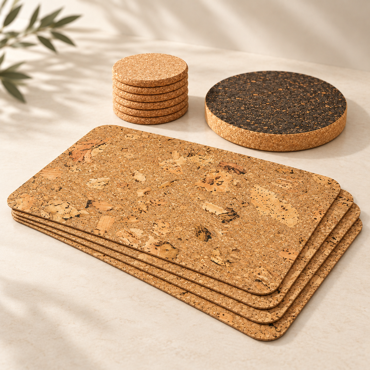 Angled premium product view of four Iceberg Natural textured cork placemats, stack of six pale cork coasters and dark cork trivet.