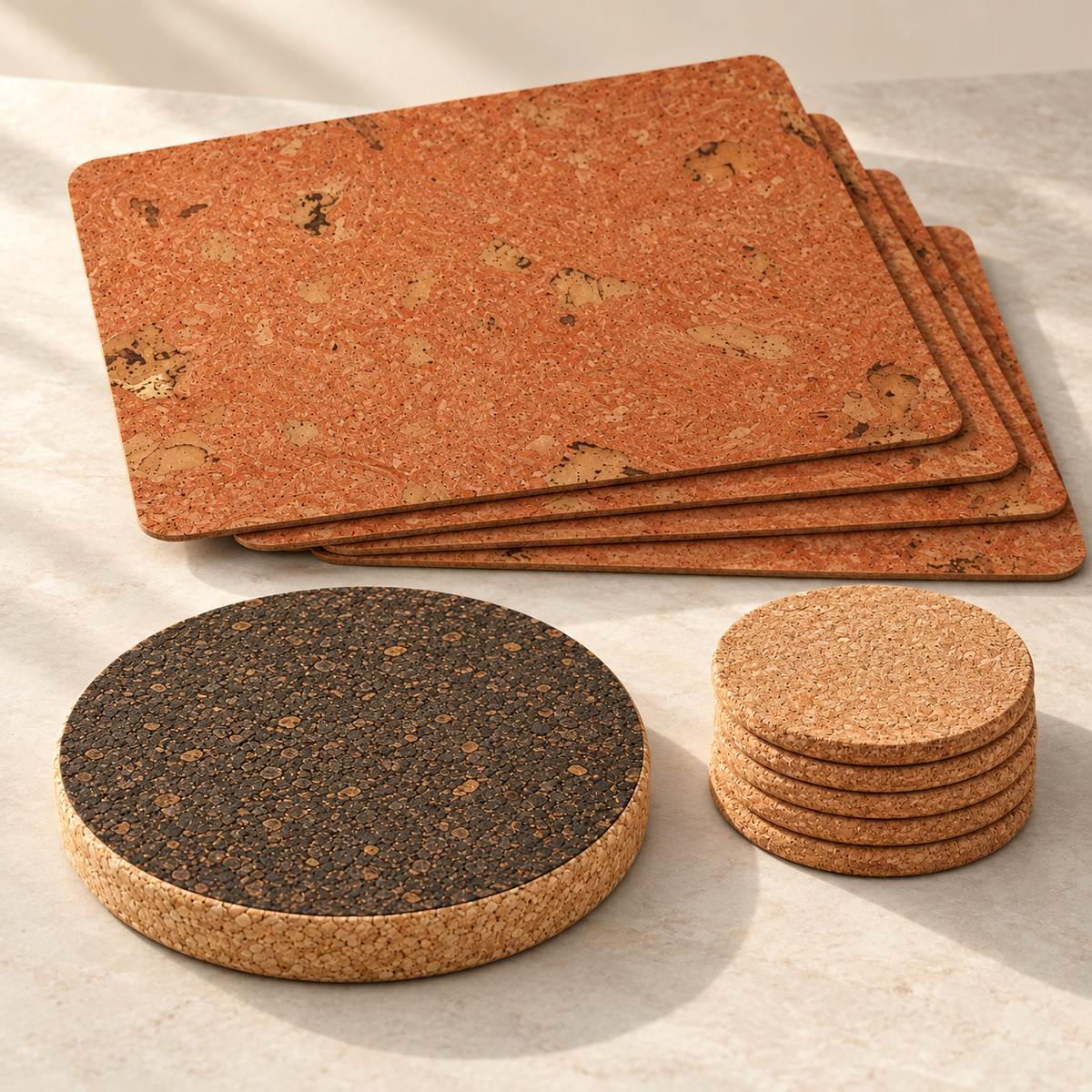 Angled studio view of four Iceberg Red rectangular placemats, six natural cork coasters and one dark round trivet