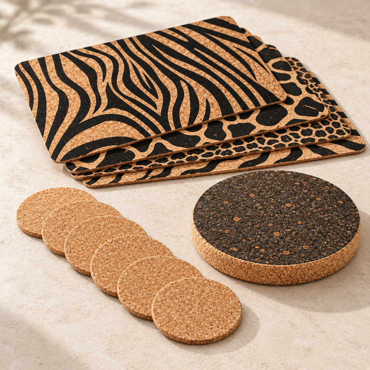 Jungle table set angled studio view showing four patterned placemats, six natural round coasters and thick dark round cork trivet