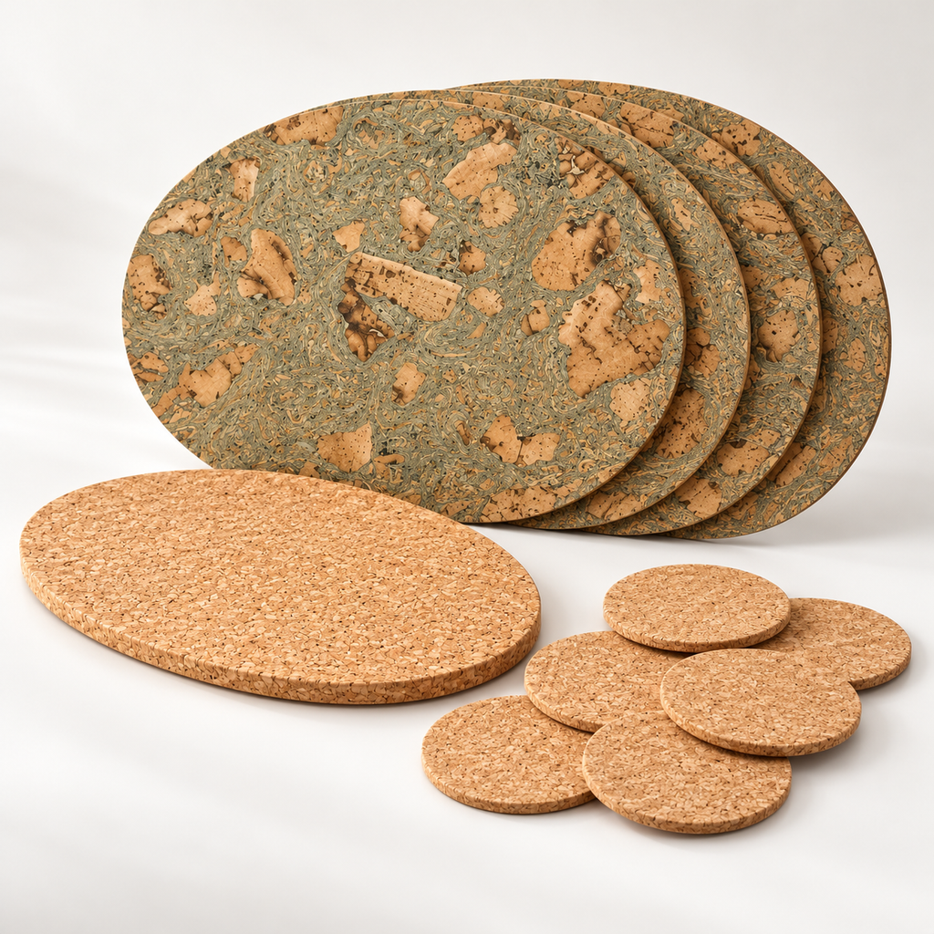 Angled product view of four Oval Iceberg Grey cork placemats, six natural round coasters and one large natural oval cork trivet.