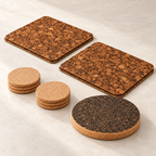 Samba CorkMart table set angled view: four speckled cork placemats, six beige round coasters and one dark round trivet.