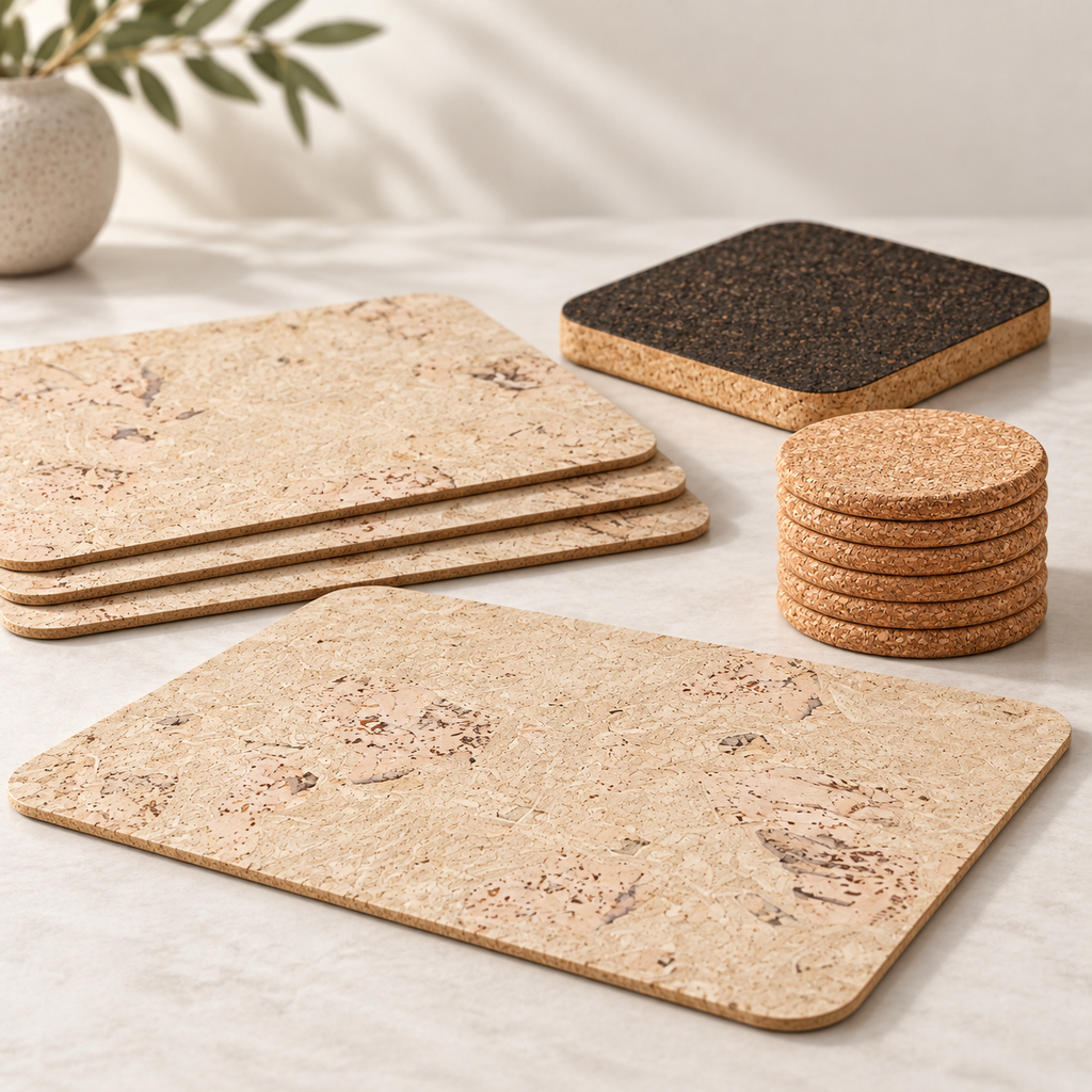 Saphire cork table set, angled studio product view showing four Saphire placemats, six round natural cork coasters and one dark square cork trivet