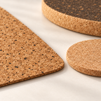 Close-up macro of warm Country cork placemat, slim natural cork coaster and dark cork trivet edge