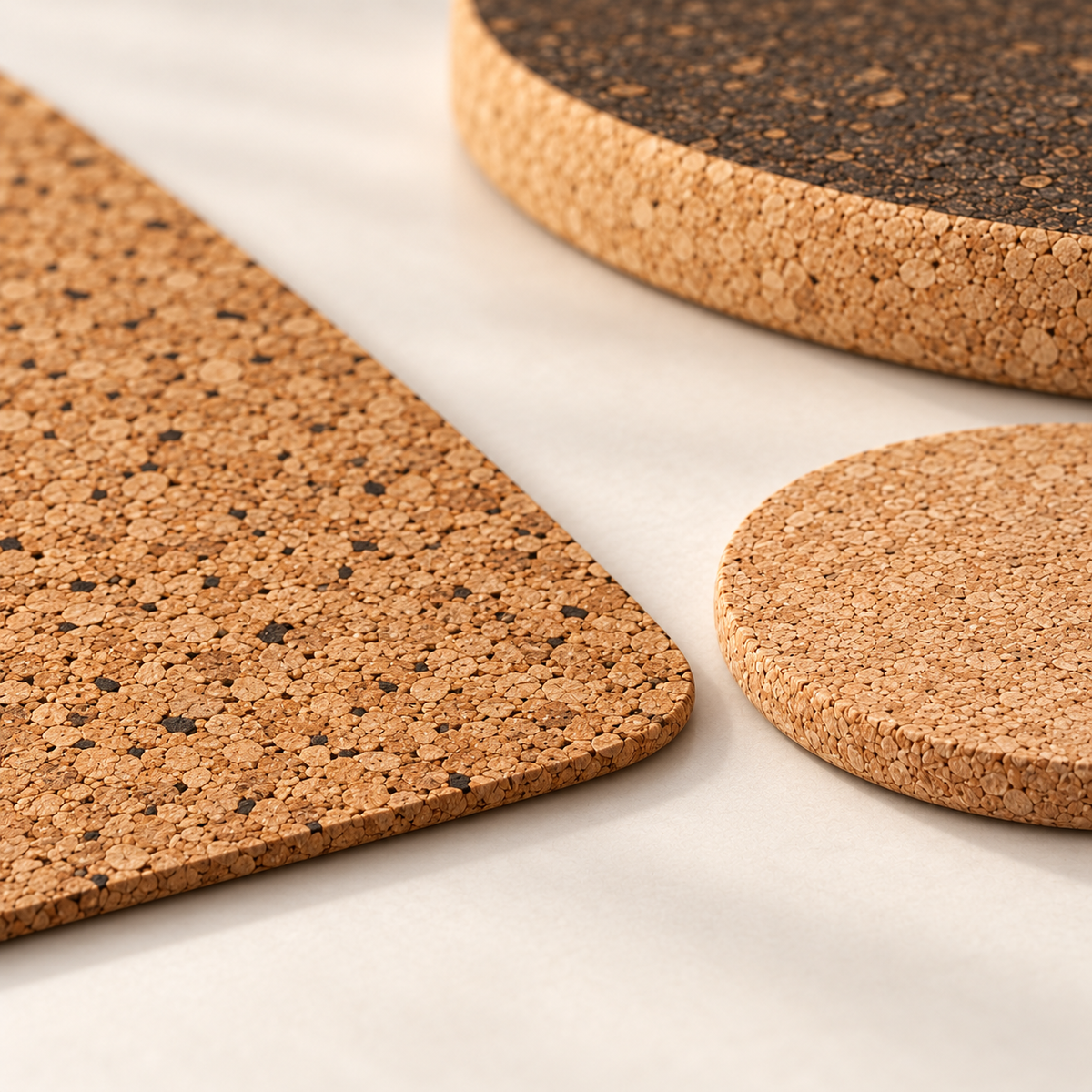 Close-up macro of warm Country cork placemat, slim natural cork coaster and dark cork trivet edge