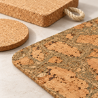 Macro detail of authentic Iceberg Green cork placemat with sage green natural grain, cork coaster and thick square trivet
