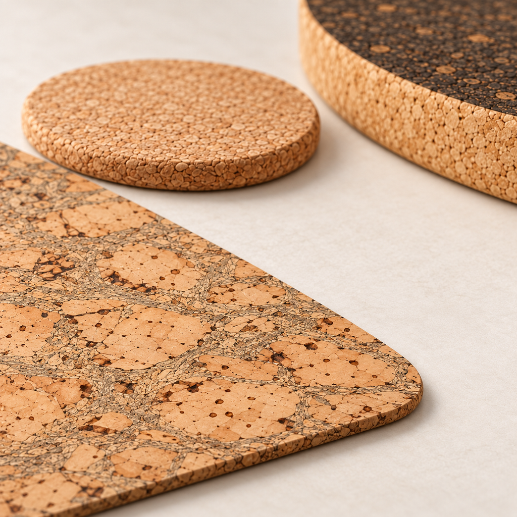 Macro detail of Iceberg Grey patterned cork placemat, natural round cork coaster and dark cork trivet edge