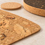 Detailed close-up of irregular natural cork grain and rounded edge of an Iceberg Natural placemat, with coaster and dark trivet.