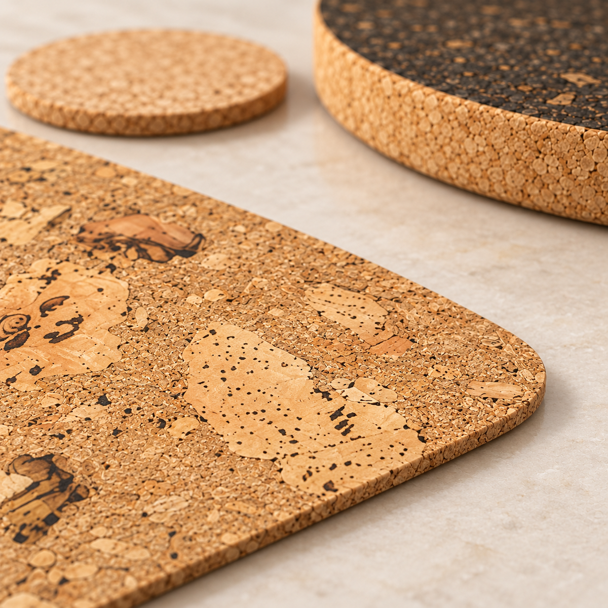 Detailed close-up of irregular natural cork grain and rounded edge of an Iceberg Natural placemat, with coaster and dark trivet.