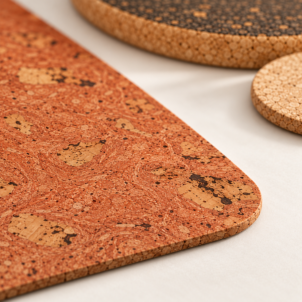 Macro detail of Iceberg Red cork placemat 3 mm profile and red cork flecks, with natural coaster and dark trivet edges