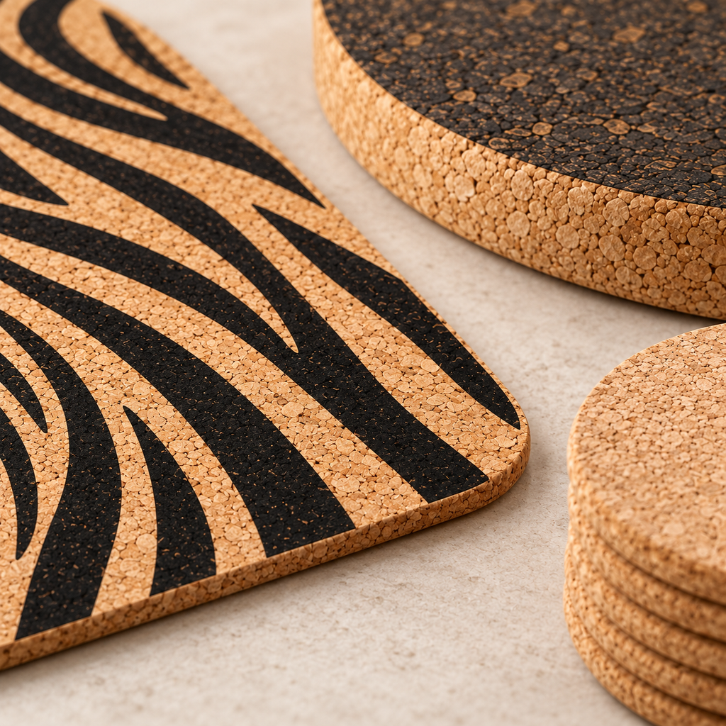 Macro detail of black zebra-pattern print on natural cork placemat, natural coaster and thick dark cork trivet