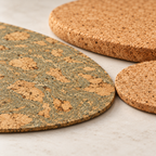 Detailed macro of Iceberg Grey marbled cork placemat surface and 3 mm edge, natural cork coaster and 9 mm oval trivet.