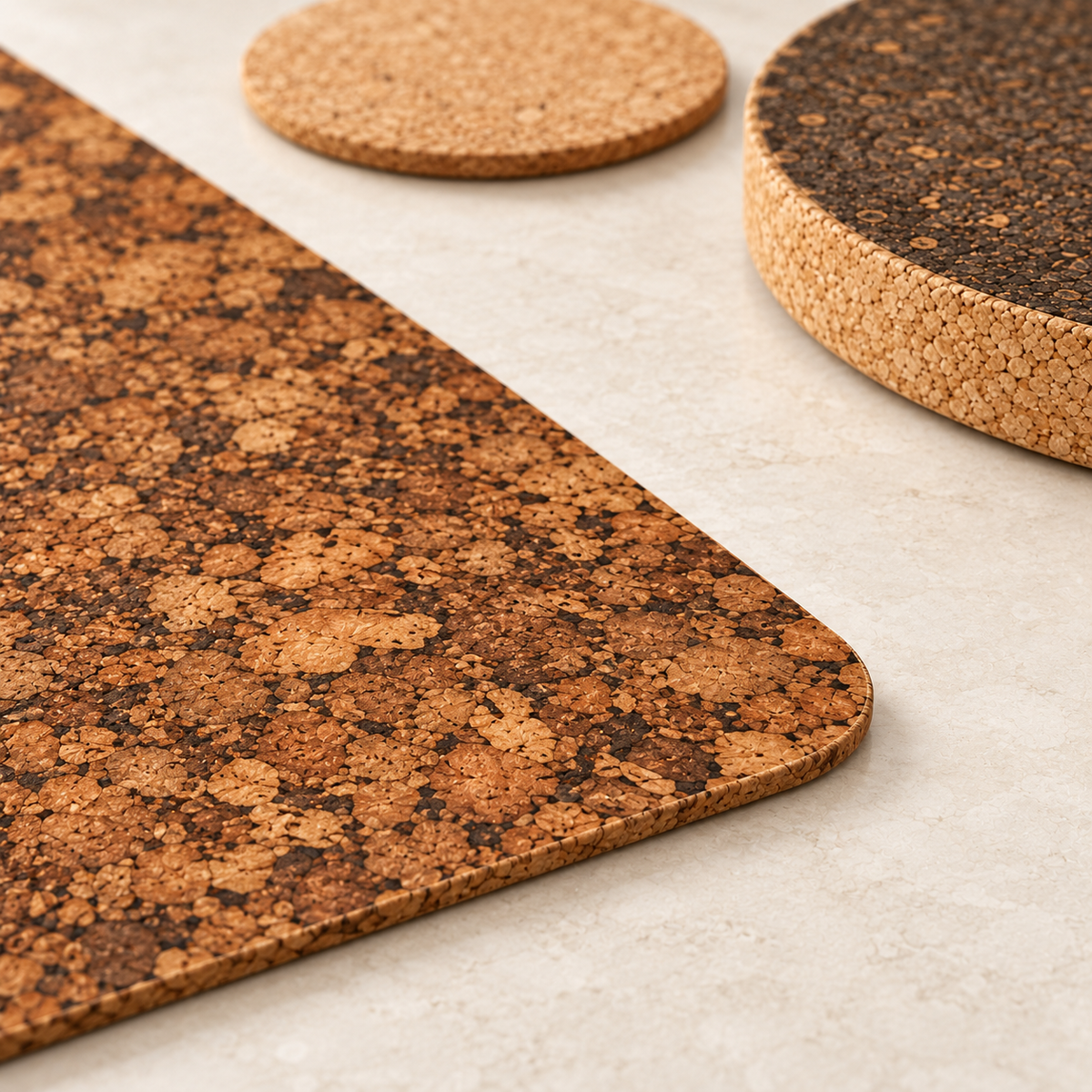 Close-up of Samba agglomerated cork placemat texture with natural light coaster and thick dark cork trivet.