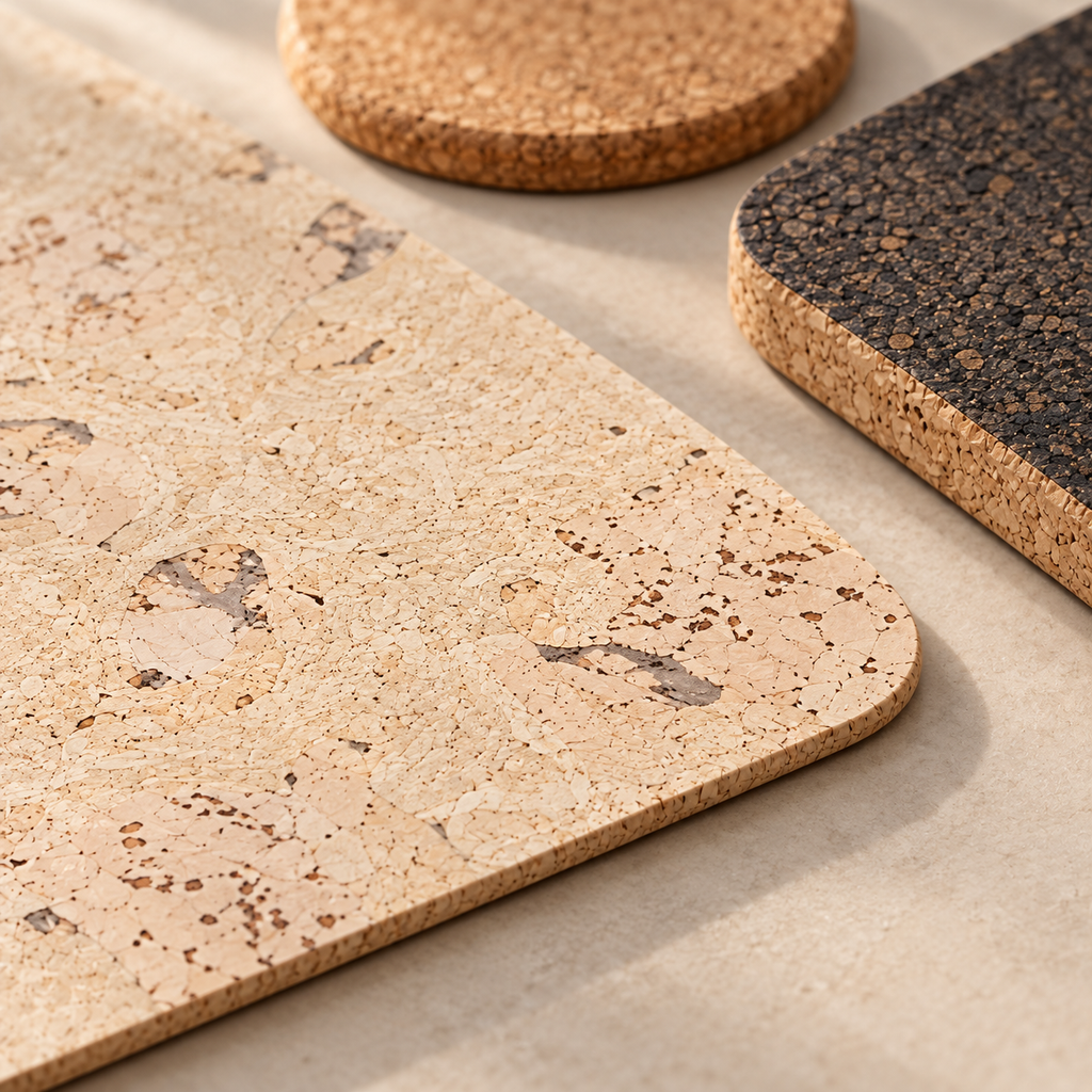Close-up macro of Saphire cream cork placemat texture, natural cork coaster and dark square trivet material and edges