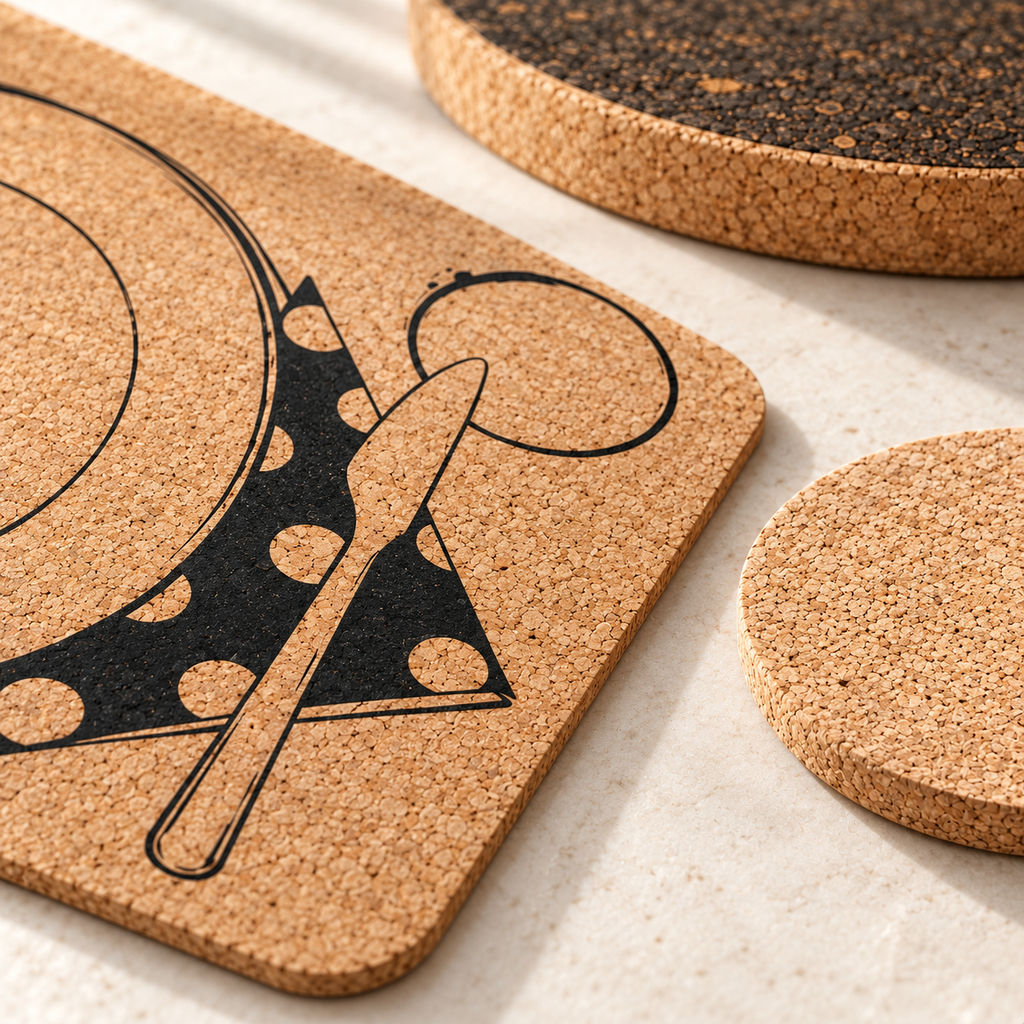 Macro photograph of printed Table Service cork placemat with black plate and cutlery motif, natural coaster and dark trivet.