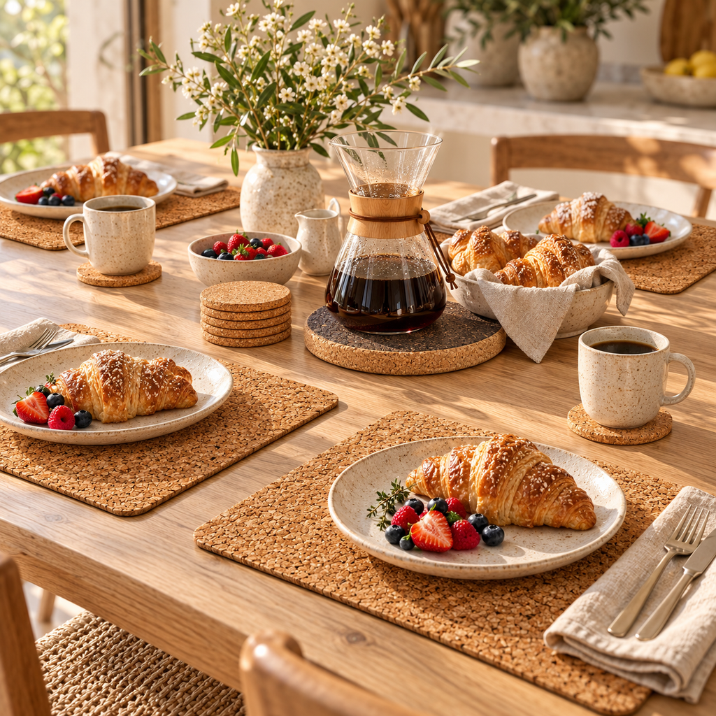 Country cork table set styled for a relaxed breakfast for four in a sunlit kitchen