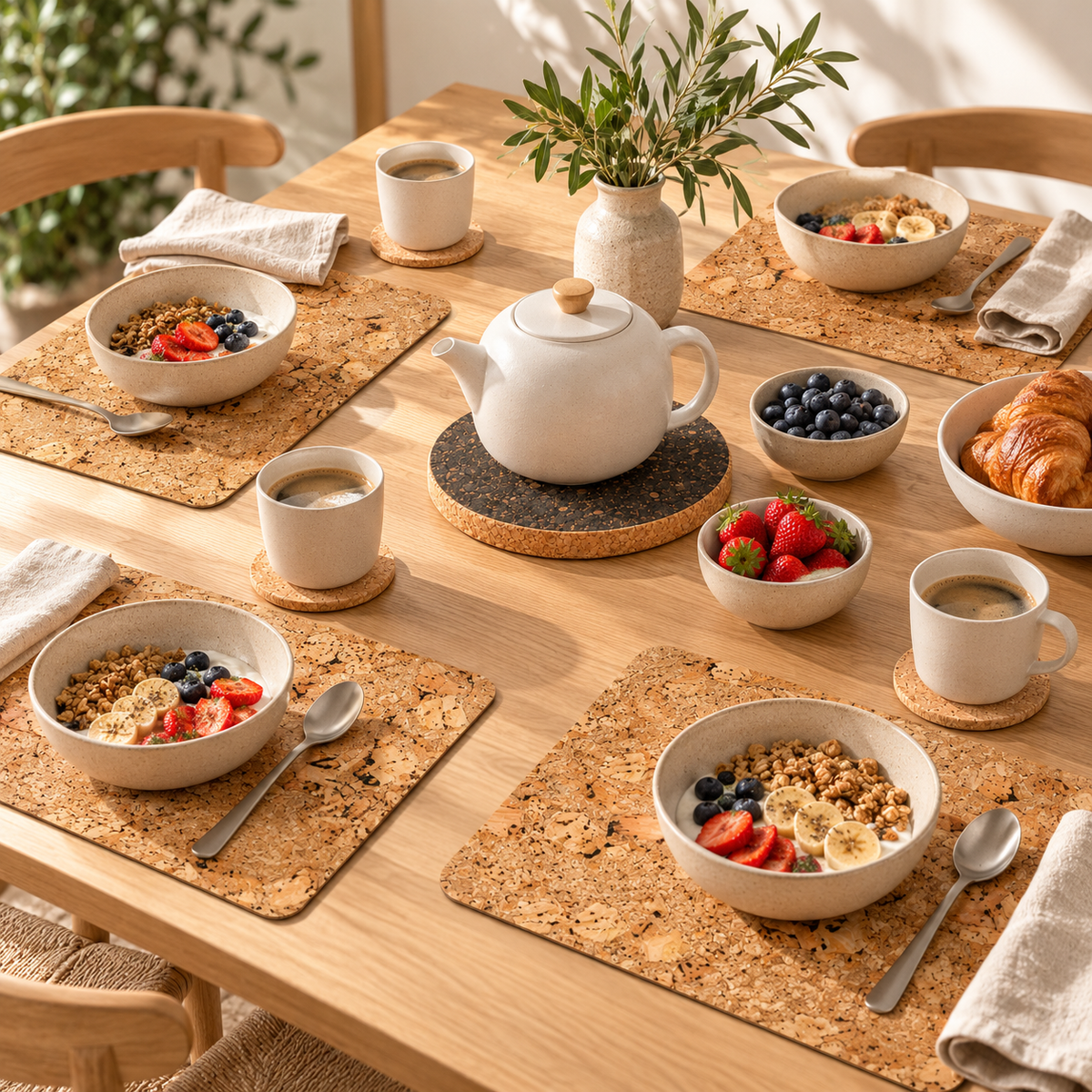 Four Iceberg Natural cork placemats at a breakfast table with natural cork coasters and thick dark trivet under a teapot.
