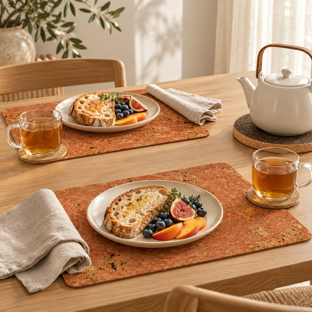 Iceberg Red cork table set styled for a warm breakfast for two, natural cork coasters and round dark trivet
