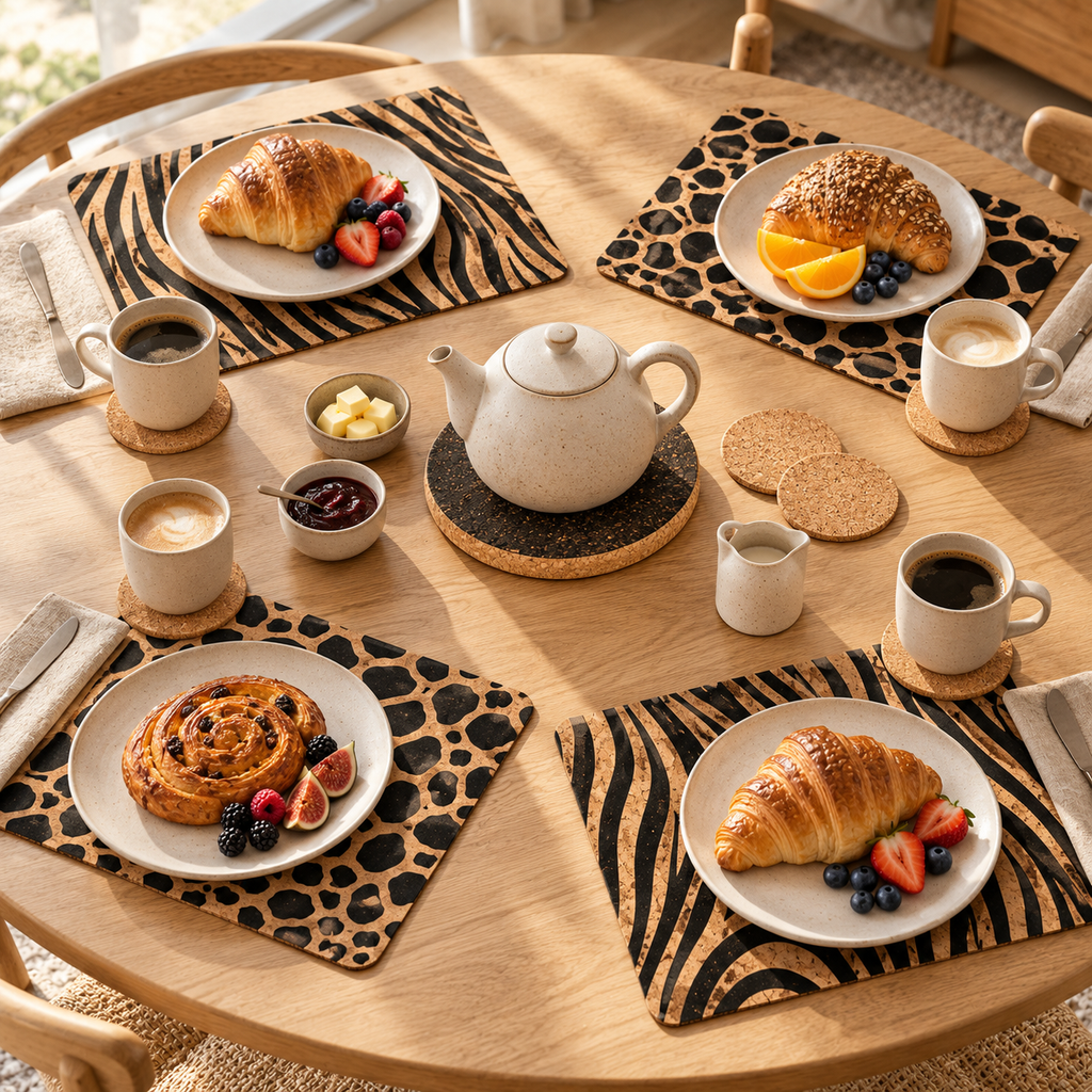 Jungle cork table set styled for breakfast for four with zebra- and spotted-pattern cork placemats
